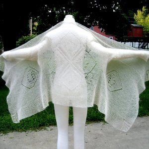 Hand Knit Ivory Lace  with Gold Metallic Thread & Beaded Sleeved Shawl / Sweater